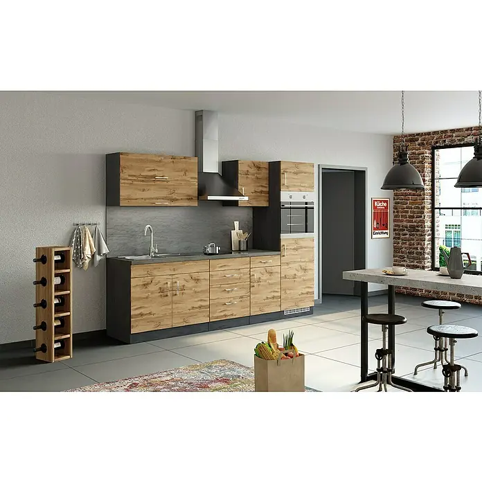 Held Möbel Küchenzeile Barolo Typ 7 - Breite: 270 cm, Farbe Front: Wotaneiche, Graphitgrau, Mit Elektrogeräten - Moderne Küche mit Holzfronten und dunklen Akzenten, inklusive Weinständer und Essbereich.