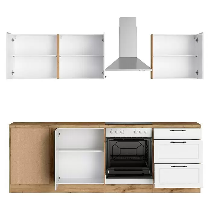 Held Möbel Winkelküche Padua Typ 2 - B x T: 240 x 240 cm, Weiß, Mit Elektrogeräten - Moderne Küchenzeile: Unterschränke Holzoptik, weiße Oberschränke, Edelstahlbackofen, Kochfeld und Dunstabzugshaube. Einige Türen sind offen.
