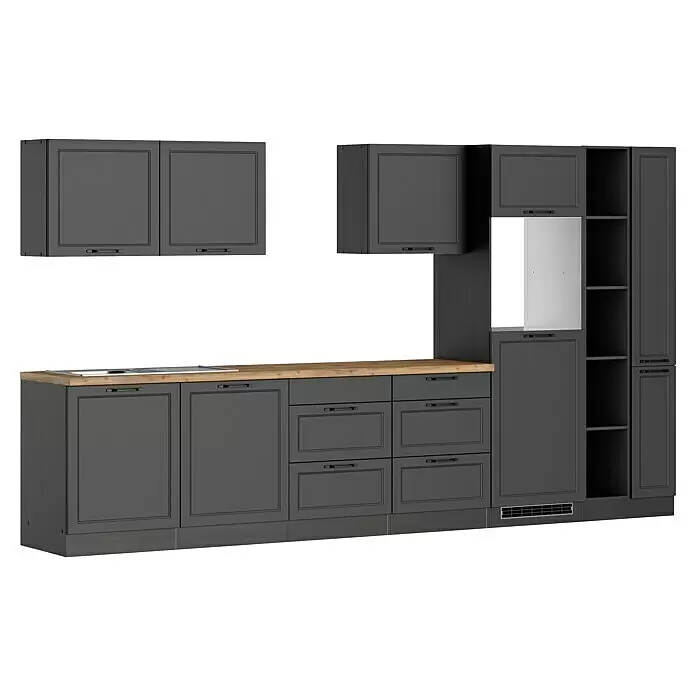 Held Möbel Küchenleerblock Padua - Breite: 360 cm, Grau, Ohne Elektrogeräte - Modulare dunkelgraue Küche mit Holz-Arbeitsplatte, Wand- und Unterschränken sowie Hochschränken.