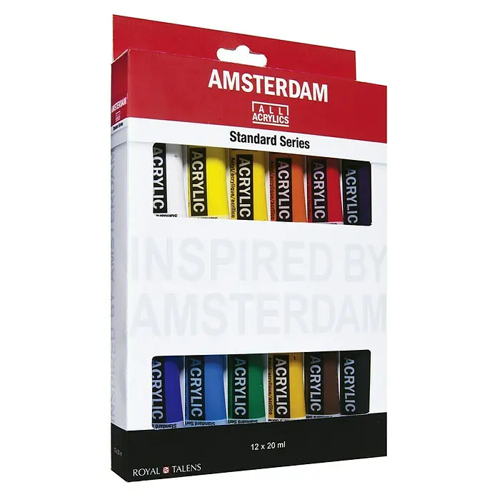Talens Amsterdam Pintura acrílica Standard Series - Multicolor, 12 ud. x 20 ml, Tubo - Un set de 12 pinturas acrílicas Amsterdam Standard Series, cada tubo contiene 20 ml de pintura. Ideal para artistas que buscan colores de alta calidad.