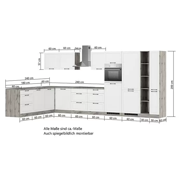 Held Möbel Winkelküche Padua Typ 2 - B x T: 420 x 240 cm, Grau, Mit Elektrogeräten, Induktionskochfeld - L-förmige Küchenzeile mit weißen Fronten, Holzdekor-Akzenten, integriertem Backofen, Kochfeld und Dunstabzugshaube.