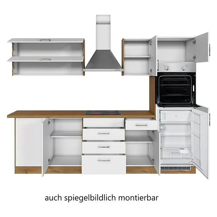 Held Möbel Winkelküche Barolo Typ 4 - B x T: 210 x 270 cm, Farbe Front: Weiß, Wotaneiche, Mit Elektrogeräten - Modulare Küchenzeile mit weißen Schränken, Holzplatte, integriertem Ofen, Kochfeld, Kühlschrank und Dunstabzugshaube.