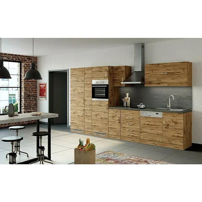 Held Möbel Küchenzeile Barolo Typ 8 - Breite: 360 cm, Wotaneiche, Farbe Korpus: Wotaneiche, Mit Elektrogeräten - Helle Holzküche mit modernen Geräten und einer Betoninsel, die einen gemütlichen und funktionalen Raum schafft.