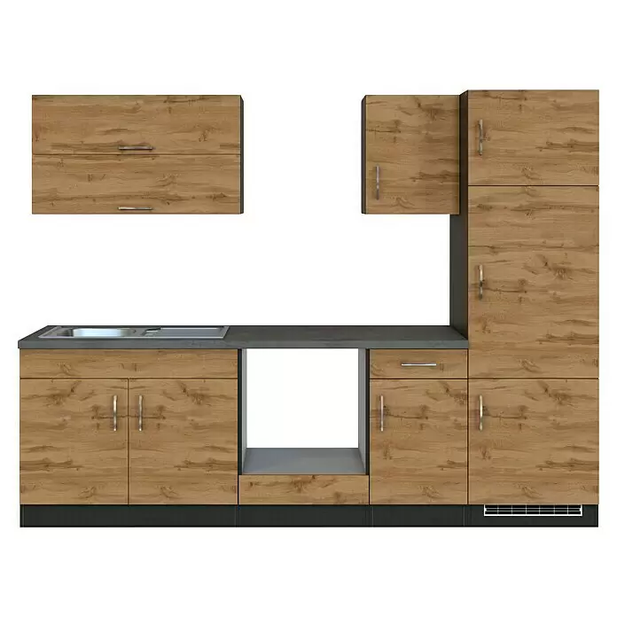 Held Möbel Küchenleerblock Barolo Typ 3 - Breite: 270 cm, Wotaneiche, Farbe Korpus: Graphitgrau, Ohne Elektrogeräte - Modulare Küchenzeile in heller Holzoptik mit dunkelgrauer Arbeitsplatte, Spüle und Hochschränken.