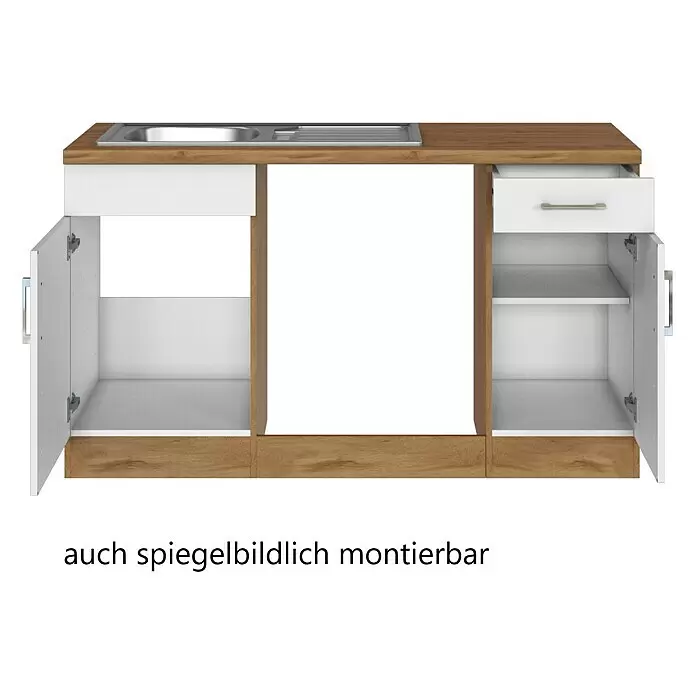 Held Möbel Küchenleerblock Barolo Typ 2 - 210 x 210 cm, Weiß, Farbe Korpus: Wotaneiche, Ohne Elektrogeräte - Küchenunterschrank in Holzoptik mit weißen Türen, offener Schublade, zwei offenen Schränken und integrierter Spüle. Spiegelbildlich montierbar.