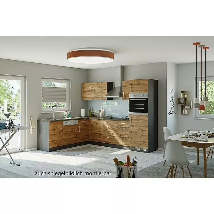 Held Möbel Winkelküche Barolo Typ 4 - B x T: 210 x 270 cm, Farbe Front: Wotaneiche, Anthrazit, Mit Elektrogeräten - Moderne L-förmige Einbauküche mit Holzoptikfronten, dunkelgrauen Arbeitsplatten und Hochschränken, in hellem Raum.