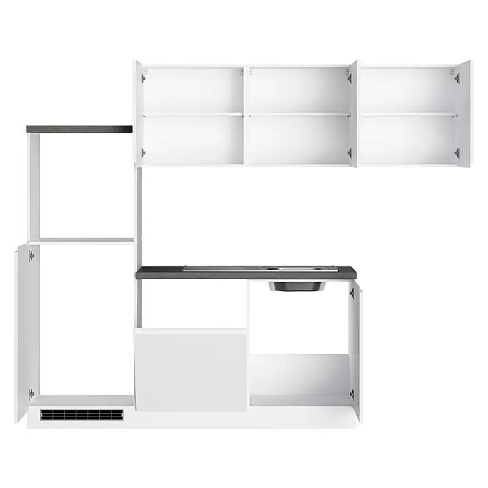 Held Möbel Küchenleerblock Treviso - L x B: 240 x 240 cm, Weiß, Dekor Arbeitsplatte: Betonoptik, Ohne Elektrogeräte, Für Einbaukühlschrank - Weiße Küchenzeile mit offenen Ober- und Unterschränken, dunkelgrauer Arbeitsplatte mit integrierter Spüle und Kochfeld.