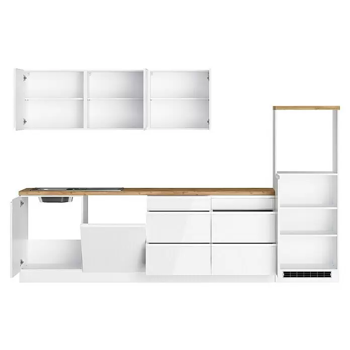 Held Möbel Küchenleerblock Treviso Typ 2 - Breite: 300 cm, Weiß, Farbe Arbeitsplatte: Wotaneiche, Ohne Elektrogeräte - Modulare weiße Küchenmöbel mit heller Holzplatte, offenen Schränken, Schubladen und Spülbecken.