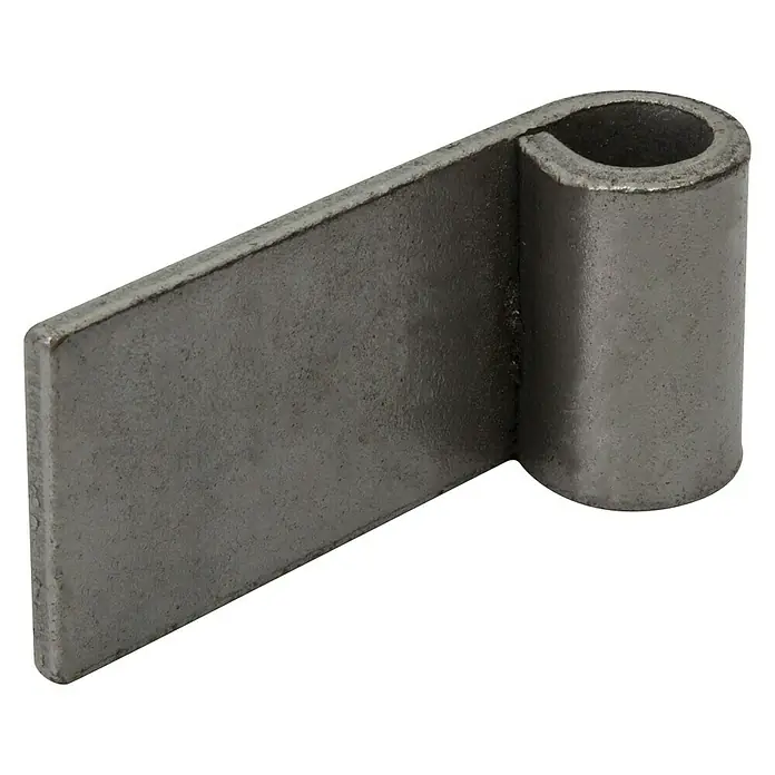 Stabilit Anschweißband - B x H: 75 x 45 mm, Stärke: 5 mm, Innendurchmesser Rolle: 16 mm - Nahaufnahme eines metallischen Bandes mit zylindrischem Gelenkstück, ideal für robuste Befestigungen und langlebige Konstruktionen.