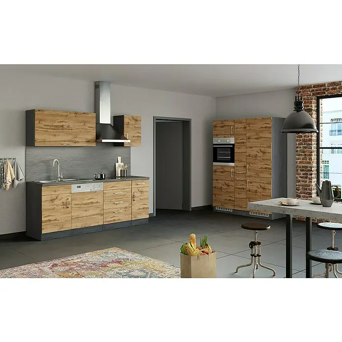 Held Möbel Küchenzeile Barolo Typ 8 - Breite: 360 cm, Wotaneiche, Farbe Korpus: Graphitgrau, Mit Elektrogeräten - Helle Holzküchenschränke mit modernen Geräten in einer geräumigen Küche, die ein einladendes Ambiente schafft.