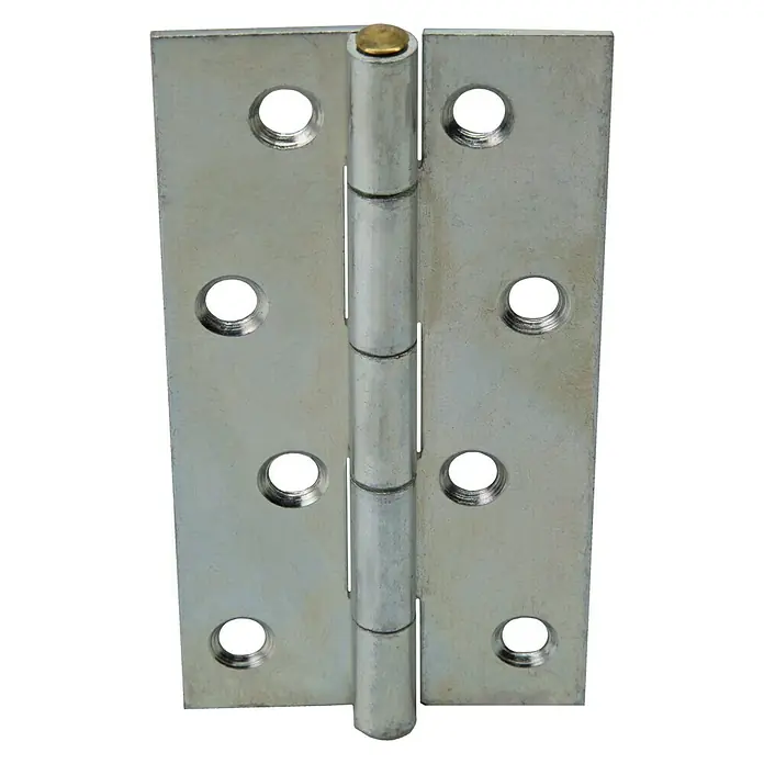 Stabilit ScharnierB x H: 49 x 100 mm, Verzinkt - Nahaufnahme eines silberfarbenen Türscharniers mit goldenem Stift und acht Schraubenlöchern, das ein robustes und zuverlässiges Design zeigt.