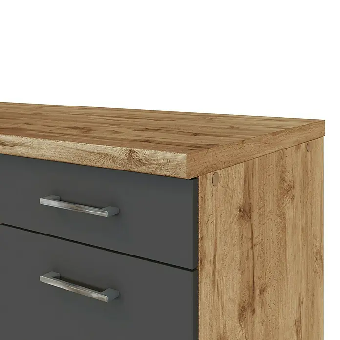 Held Möbel Küchenleerblock - Breite: 210 cm, Anthrazit, Farbe Korpus: Wotaneiche, Ohne Elektrogeräte - Detailaufnahme eines Möbelstücks mit Schubladen in Grau und einer Holzplatte mit natürlicher Maserung, ideal für moderne Einrichtungen.