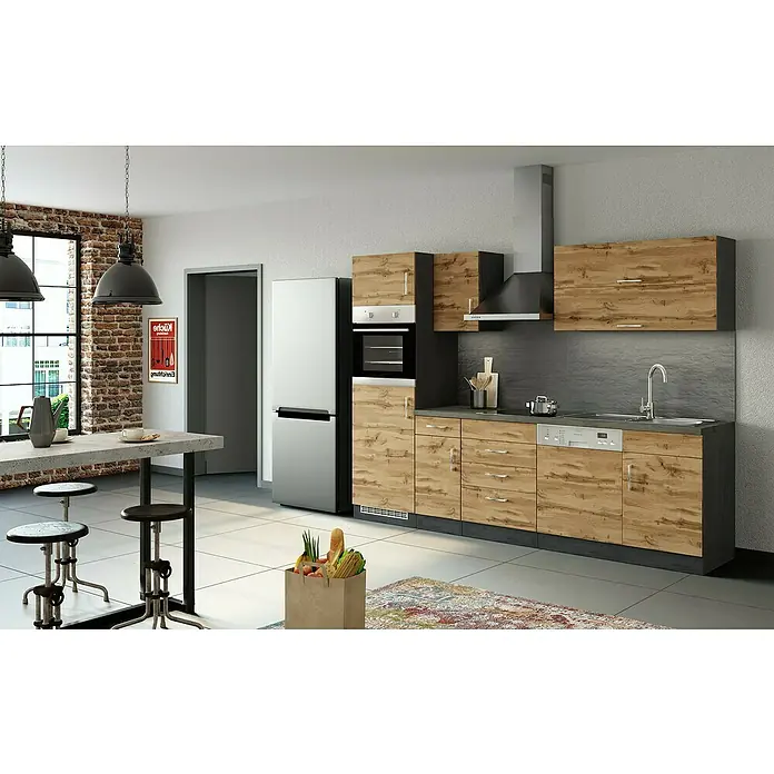 Held Möbel Küchenleerblock Barolo - Breite: 270 cm, Wotaneiche, Farbe Korpus: Graphitgrau, Ohne Elektrogeräte - Moderne Küche mit Holzfronten, Edelstahlgeräten und einem Esstisch mit Barhockern. Das Design ist zeitgemäß und funktional.