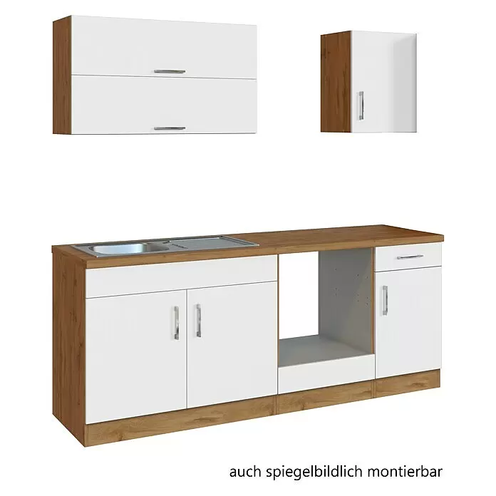 Held Möbel Küchenleerblock - Breite: 210 cm, Weiß, Farbe Korpus: Wotaneiche, Ohne Elektrogeräte - Weiße und holzfarbene Küchenzeile mit Hängeschränken und Unterschrank mit Spüle, Arbeitsplatte und Stauraum, auch spiegelbildlich montierbar.