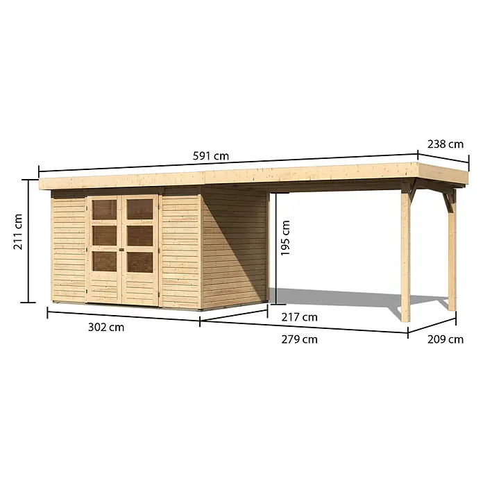 Karibu Gartenhaus Askola - Außenmaß inkl. Dachüberstand (B x T): 591,5 x 238 cm, Holz, Natur, Mit Anbau - Abbildung eines Holzschuppens mit Carport und Maßangaben. Das Produkt ist detailliert dargestellt mit allen wichtigen Maßen.