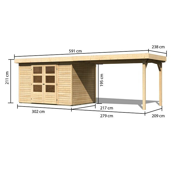 Karibu Gartenhaus AskolaL x B: 217 x 557 cm, Wandstärke: 19 mm, Flachdach, Natur, Mit Anbau Unknown