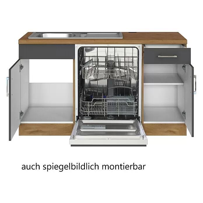 Held Möbel Winkelküche Barolo Typ 3 - B x T: 210 x 210 cm, Anthrazit, Wotaneiche, Mit Elektrogeräten - Kleine Küchenzeile mit Holzplatte, dunkelgrauen Schränken, Spüle und offenem Geschirrspüler.