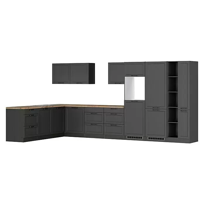 Held Möbel Küchenleerblock Padua Typ 4 - Breite: 420 cm, Grau, Ohne Elektrogeräte - Dunkelgraue Eckküche mit Holzplatte, mit Schränken, Schubladen und Hochschränken mit Regalen.