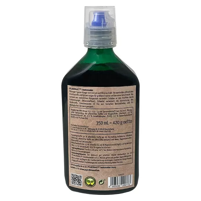 Schacht Pflanzenarzt Tomatendünger Tomatenzauber - 420 g, 350 ml - Grüne Flasche PFLANZENARZT® Tomatenzauber Flüssigdünger mit transparentem Messverschluss.