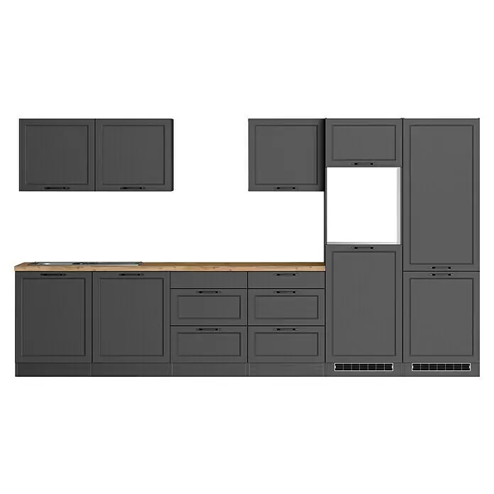 Held Möbel Küchenleerblock Padua - Breite: 360 cm, Farbe Front: Grau, Ohne Elektrogeräte, Für Einbaukühlschrank - Dunkelgraue modulare Küchenschränke mit heller Holz-Arbeitsplatte.