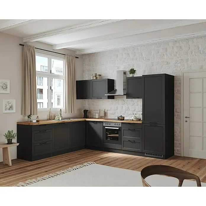 Held Möbel Küchenleerblock Padua Typ 2 - 240 x 300 cm, Grau, Ohne Elektrogeräte - Eine moderne Küche in dunklem Anthrazit mit hölzernen Arbeitsplatten, die eine warme und einladende Atmosphäre schafft.