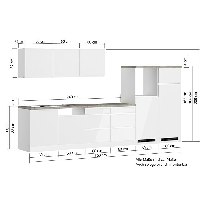 Held Möbel Küchenleerblock Treviso (Breite: 360 cm, Weiß, Dekor Arbeitsplatte: Betonoptik, Ohne Elektrogeräte, Für Einbaukühlschrank) | BAUHAUS