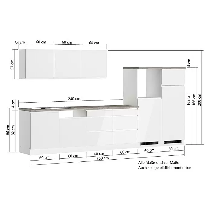 Held Möbel Küchenleerblock Treviso - Breite: 360 cm, Weiß, Dekor Arbeitsplatte: Holzoptik, Ohne Elektrogeräte, Für Einbaukühlschrank - Weiße modulare Küchenmöbelgarnitur mit detaillierten Maßen.
