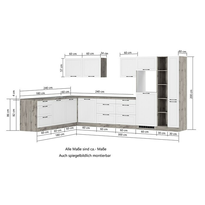 Held Möbel Winkelküche Padua Typ 1 (B x T: 300 x 240 cm, Grau, Mit Elektrogeräten, Induktionskochfeld) | BAUHAUS