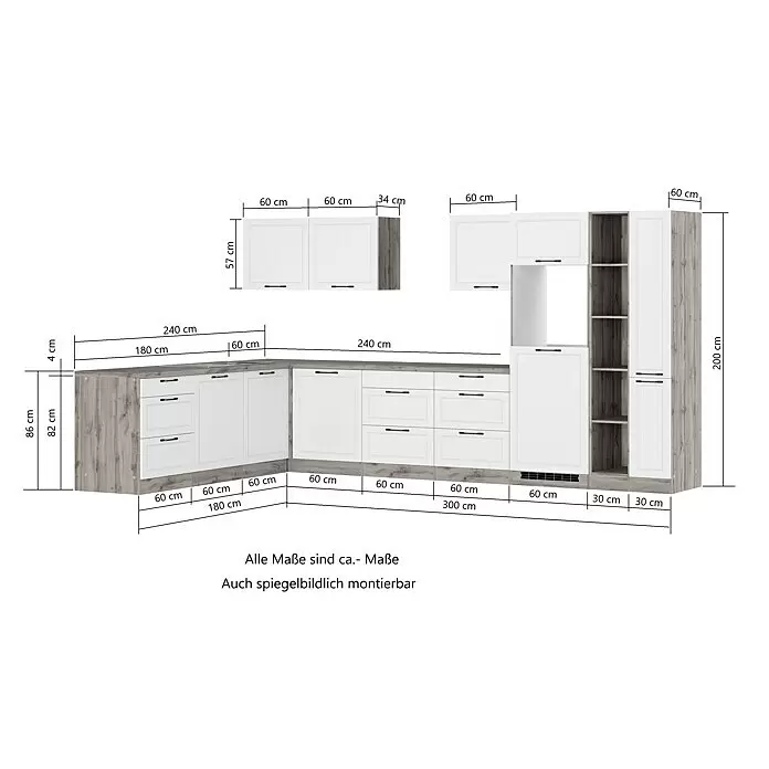 Held Möbel Winkelküche Padua Typ 1 - B x T: 300 x 240 cm, Grau, Mit Elektrogeräten, Induktionskochfeld - Modulare Eckküche in Weiß und heller Holzoptik, bestehend aus Ober-, Unter- und Hochschränken mit Arbeitsplatte und Gerätenischen.