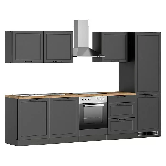 Held Möbel Küchenzeile Padua Typ 3 - Breite: 300 cm, Grau, Mit Elektrogeräten - Moderne dunkelgraue Küchenzeile mit Holzplatte, integriertem Backofen, Kochfeld, Spüle und Edelstahl-Dunstabzugshaube.