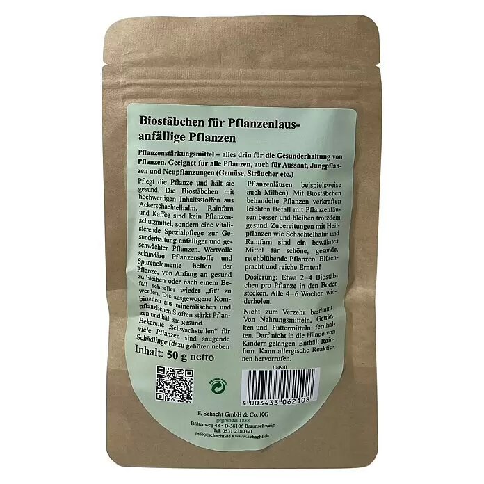 Schacht Pflanzenstärkungsmittel Biostäbchen - 50 g - Hellbrauner Papierbeutel mit hellgrünem Etikett für „Biostäbchen“ zur Pflanzenstärkung und zum Schutz vor Blattläusen.