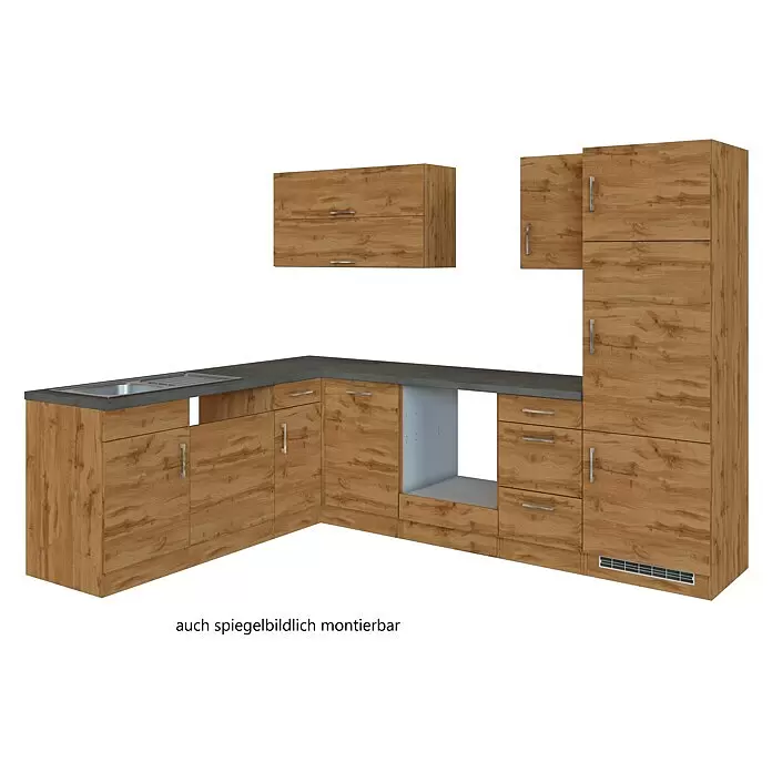 Held Möbel Winkelküche Barolo Typ 7 - B x T: 270 x 210 cm, Farbe Front: Wotaneiche, Wotaneiche, Ohne Elektrogeräte - L-förmige Küchenzeile in Eichenholzoptik mit grauer Arbeitsplatte und Spüle, Hänge- und Unterschränken, sowie einer Nische.