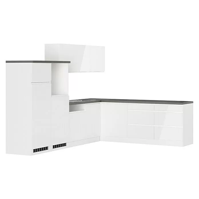 Held Möbel Küchenleerblock Treviso - 240 x 300 cm, Weiß, Dekor Arbeitsplatte: Betonoptik, Ohne Elektrogeräte, Für Einbaukühlschrank - Weiße L-förmige Küchenzeile mit grauer Arbeitsplatte, integrierter Spüle und Dunstabzugshaube.