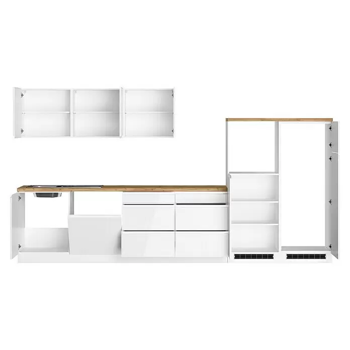 Held Möbel Küchenleerblock Treviso - Breite: 360 cm, Weiß, Dekor Arbeitsplatte: Holzoptik, Ohne Elektrogeräte, Für Einbaukühlschrank - Weiße Küchenschränke mit offenen Oberschränken, Holz-Arbeitsplatte, integrierter Spüle und Hochschrank.