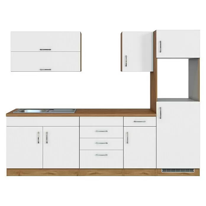 Held Möbel Küchenleerblock Barolo Typ 5 - Breite: 270 cm, Weiß, Ohne Elektrogeräte - Moderne weiße Küchenzeile mit Holzdetails, integrierter Spüle, Schränken und einem Hochschrank für Geräte.