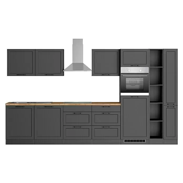 Held Möbel Küchenzeile Padua Typ 1 - Breite: 360 cm, Grau, Induktionskochfeld, Mit Elektrogeräten - Moderne dunkelgraue Küchenzeile mit Holzplatte, integriertem Ofen, Spüle und Edelstahl-Dunstabzugshaube.