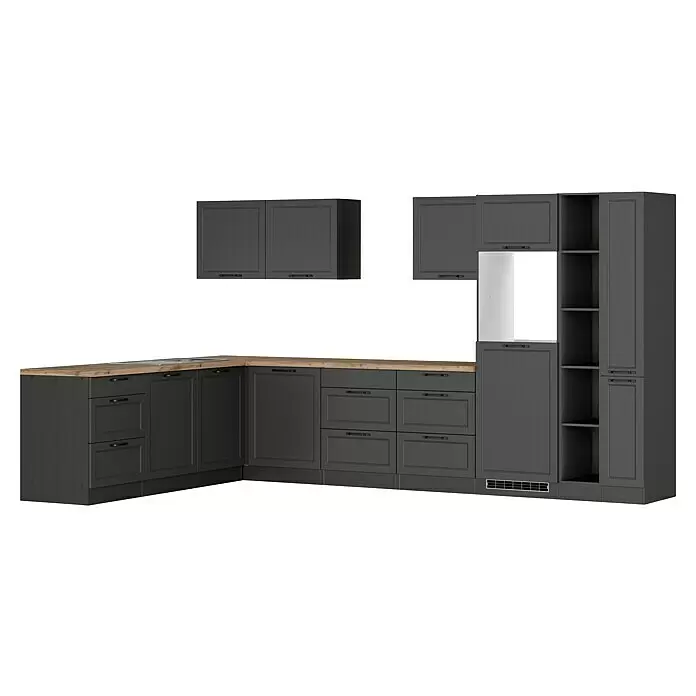 Held Möbel Küchenleerblock Padua Typ 4 - Breite: 360 cm, Grau, Ohne Elektrogeräte - Dunkelgraue L-förmige Küchenzeile mit Holzplatte, Unterschränken, Hängeschränken und hohem Stauraum.
