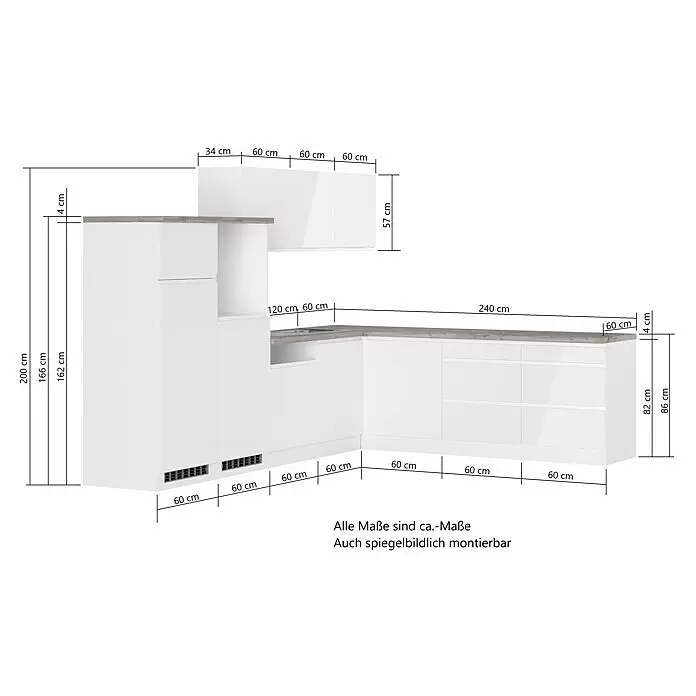 Held Möbel Küchenleerblock Treviso - 240 x 300 cm, Weiß, Dekor Arbeitsplatte: Betonoptik, Ohne Elektrogeräte, Für Einbaukühlschrank - Weiße modulare Küchenzeile mit Holz-Arbeitsplatte, L-förmig mit diversen Schränken und Spülbereich.