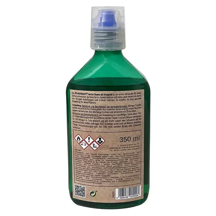 Schacht Pflanzenarzt Reinigungsmittel Garten Cleaner - 350 ml - Grüne Plastikflasche des PFLANZENARZT Garten Cleaners mit Orangenöl, 350 ml Inhalt, mit transparentem Dosierverschluss.