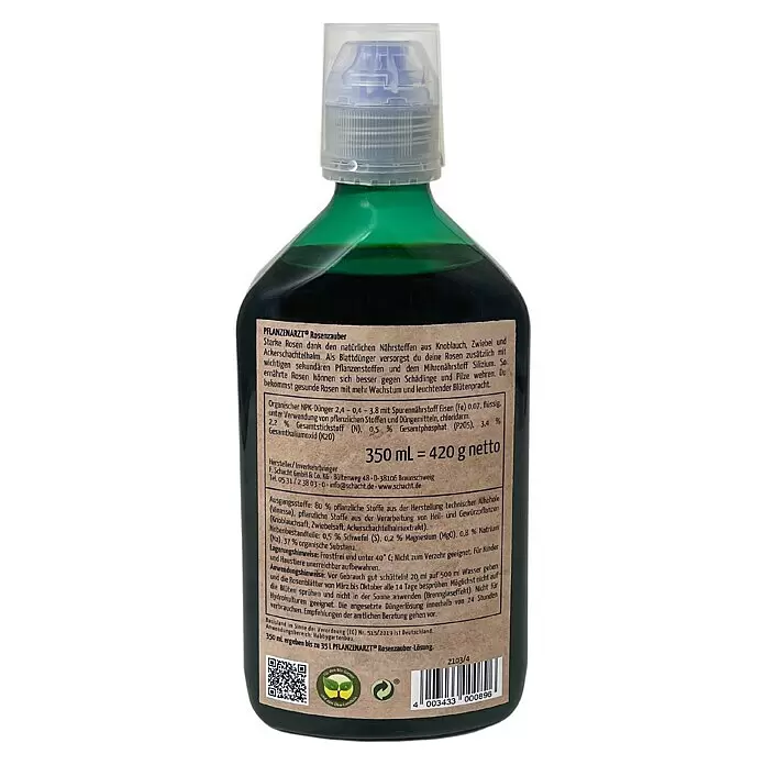 Schacht Pflanzenarzt Rosendünger Rosenzauber - 420 g, 350 ml - Grüne 350-ml-Flasche PFLANZENARZT® Rosenzauber Bio-Rosendünger mit transparenter Kappe.