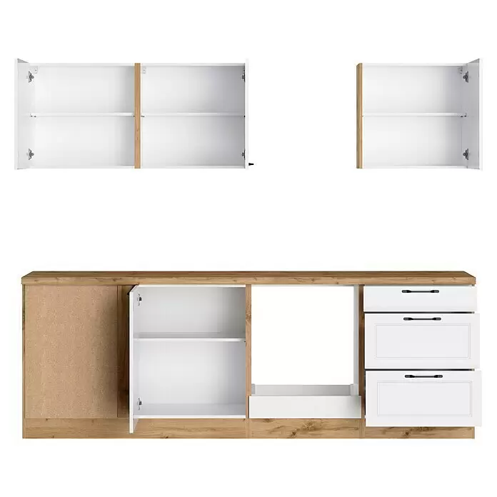 Held Möbel Küchenleerblock Padua Typ 2 - 240 x 240 cm, Weiß, Ohne Elektrogeräte - Weiße und Holz-Küchenschränke mit offenen Türen und Schubladen, die Regale und Stauraum zeigen. Set aus Ober- und Unterschränken.