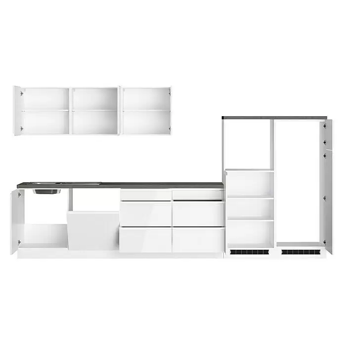 Held Möbel Küchenleerblock Treviso - Breite: 360 cm, Weiß, Dekor Arbeitsplatte: Betonoptik, Ohne Elektrogeräte, Für Einbaukühlschrank - Weiße modulare Küche mit grauer Arbeitsplatte, Spüle, offenen und geschlossenen Schränken, Schubladen und hohem Vorratsschrank.