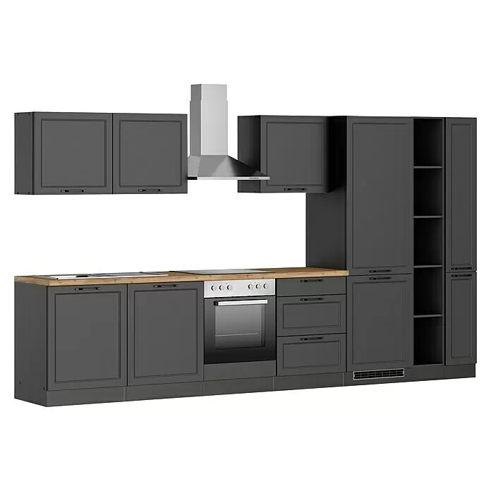 Held Möbel Küchenzeile Padua Typ 3 - Breite: 360 cm, Grau, Mit Elektrogeräten - Dunkelgraue Küche mit Holzplatte, Edelstahlhaube und Backofen.