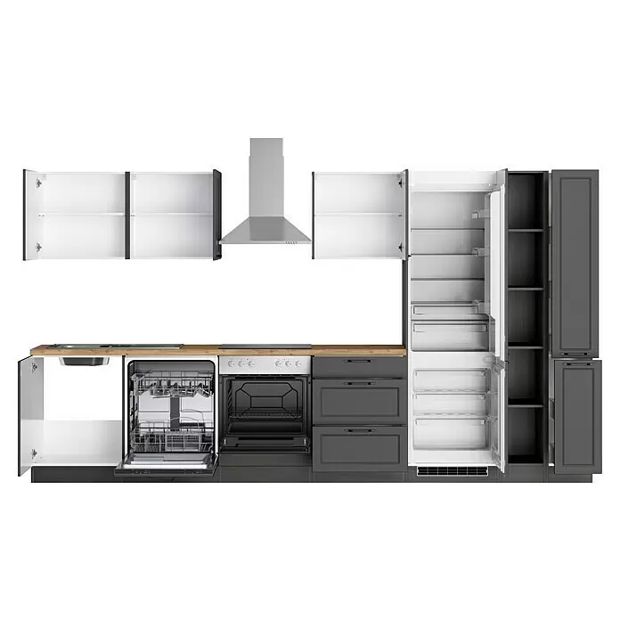 Held Möbel Küchenzeile Padua Typ 3 - Breite: 360 cm, Grau, Mit Elektrogeräten - Moderne dunkelgraue Küchenzeile mit Holzplatte, offenem Geschirrspüler, Backofen, Kühlschrank, Oberschränken und Edelstahlhaube.