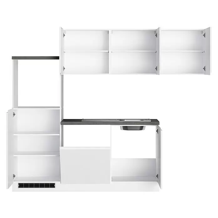 Held Möbel Küchenleerblock Treviso - L x B: 240 x 240 cm, Weiß, Dekor Arbeitsplatte: Betonoptik, Ohne Elektrogeräte - Modulare weiße Küchenzeile mit offenen Schränken, Regalen, grauer Arbeitsplatte, Spüle und Kochfeld.