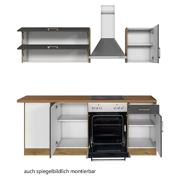 Held Möbel Winkelküche Barolo Typ 3 - B x T: 210 x 210 cm, Anthrazit, Wotaneiche, Mit Elektrogeräten - Modulare Küchenzeile mit weißen/grauen Fronten, Holzdekorrahmen/-arbeitsplatte, Backofen, Kochfeld, Dunstabzug. Spiegelseitig montierbar.