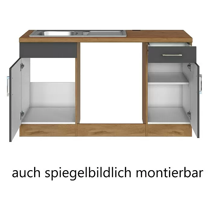 Held Möbel Winkelküche Barolo Typ 8 - B x T: 270 x 210 cm, Anthrazit, Wotaneiche, Ohne Elektrogeräte - Küchenunterschrank in Holzoptik und Dunkelgrau mit Spüle, Schublade, zwei offenen Fächern, auch spiegelbildlich montierbar.