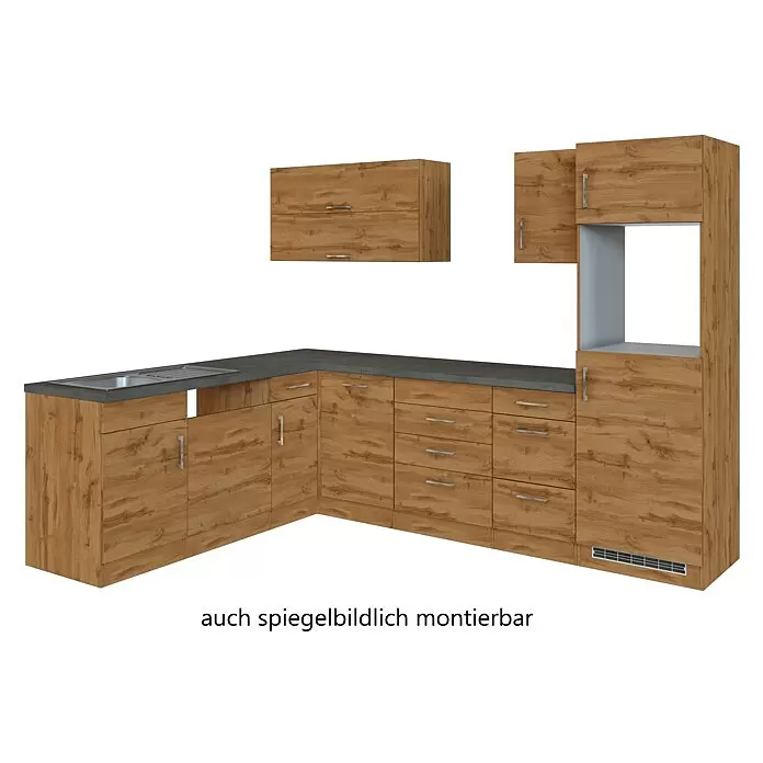 Held Möbel Winkelküche Barolo Typ 8 - B x T: 270 x 210 cm, Wotaneiche, Wotaneiche, Ohne Elektrogeräte - L-förmige Küchenzeile in Eichendekor mit dunkelgrauer Arbeitsplatte, Spüle, vielen Schubladen und Hochschrank mit Gerätenische.