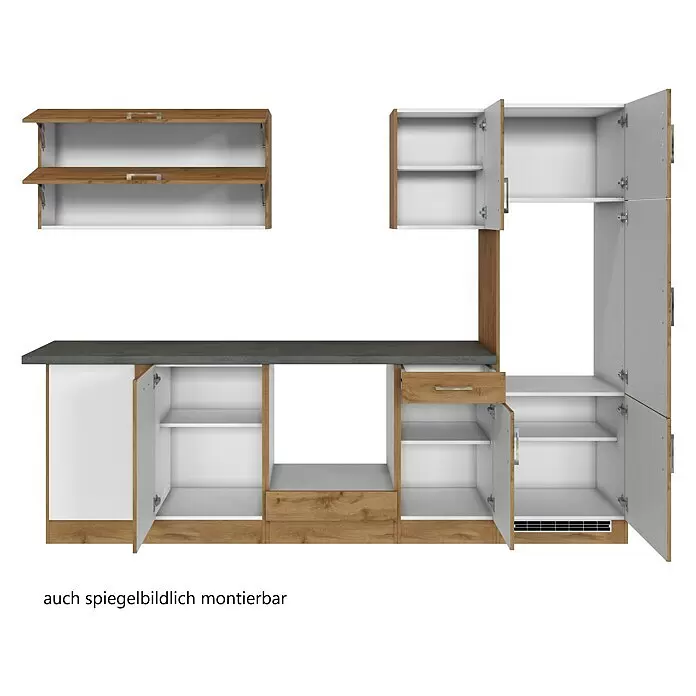 Held Möbel Winkelküche Barolo Typ 7 - B x T: 270 x 210 cm, Farbe Front: Wotaneiche, Wotaneiche, Ohne Elektrogeräte - Modulare Küchenzeile mit Holzoptik-Schränken, weißen Innenräumen und dunkler grauer Arbeitsplatte, bietet vielseitige Aufbewahrung.