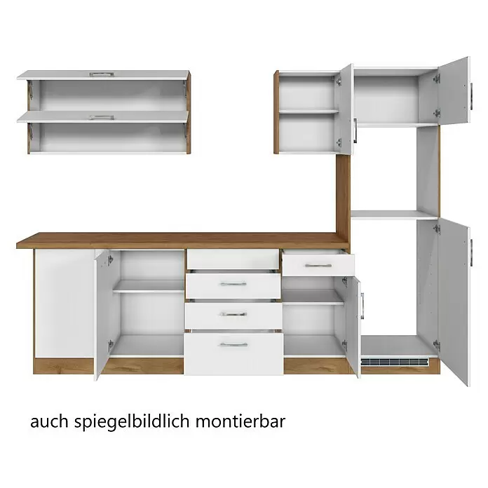 Held Möbel Winkelküche Barolo Typ 8 - B x T: 270 x 210 cm, Weiß, Wotaneiche, Ohne Elektrogeräte - Modulare Küchenzeile mit weißen Fronten, Arbeitsplatte & Korpus in Holzoptik, inkl. Schränken & Schubladen.
